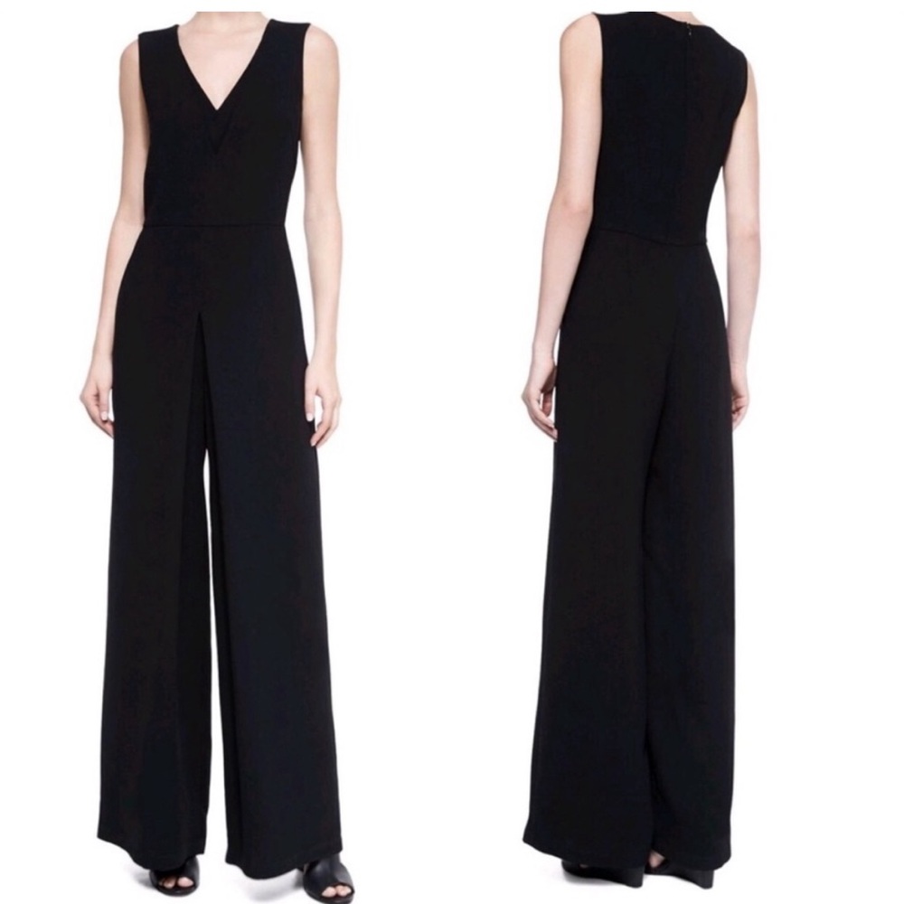 VINCE Women’s Black Double-V Wide Leg Jumpsuit with Pockets Size 2